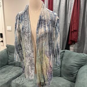 Chico's Open-Weave Mesh Cardigan in Cream with Blue Accents